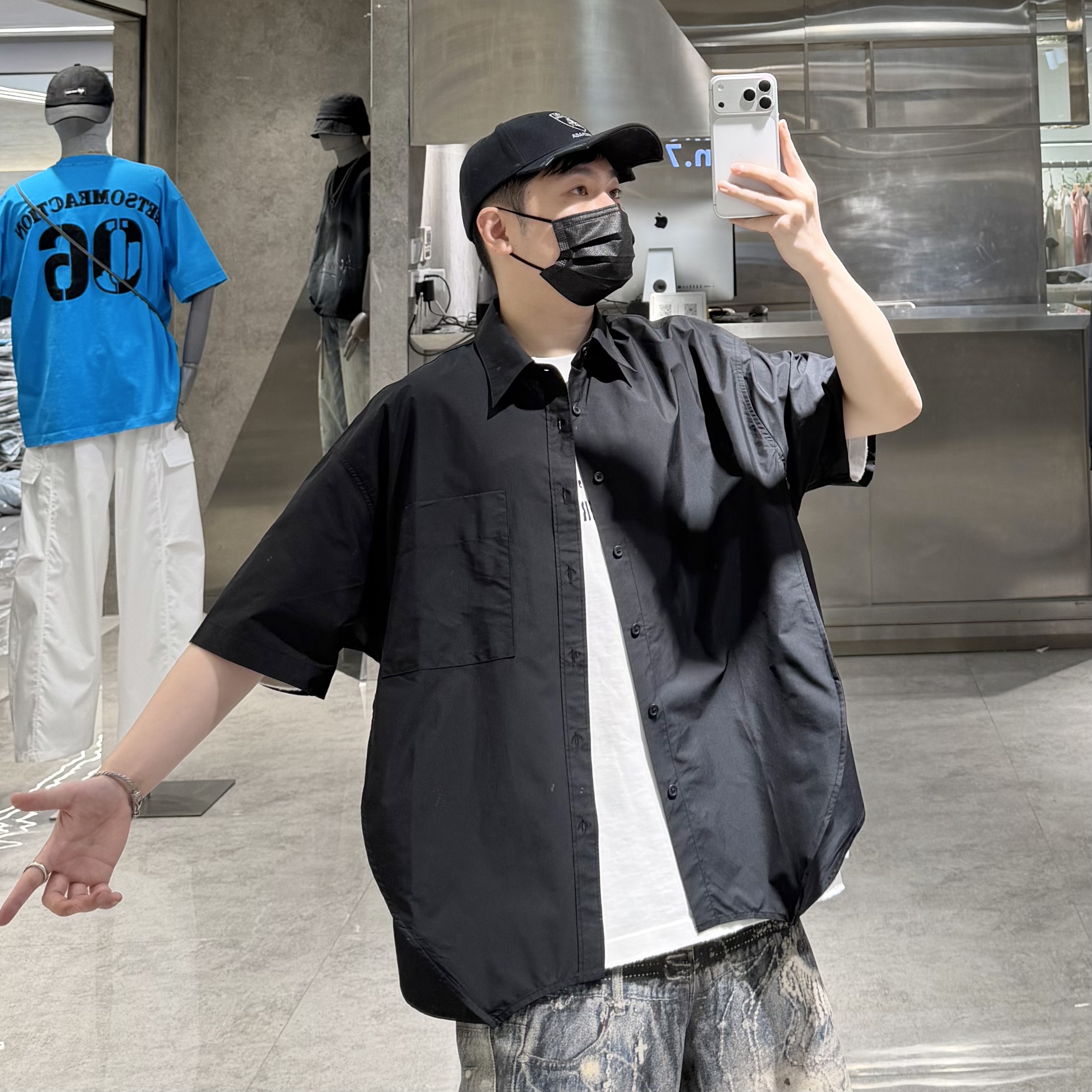 潮牌夏季短袖衬衣男ins韩版纯色结构宽松青年帅气落肩衬衫外套潮