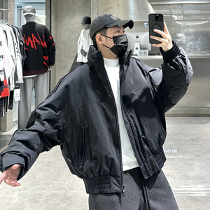 潮牌冬季立领羽绒服男美式纯色结构拼接宽松青年保暖短款面包服潮