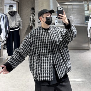 潮牌冬季 格纹编织撞色宽松青年保暖情侣羽绒服超 无领鹅绒服男韩版