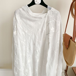 盘扣披肩休闲白色沙滩巾旅游丝巾 高定刺绣 薄款 民族风防晒夏季