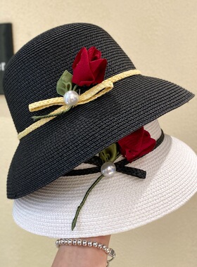 法式田园风气质玫瑰花草编渔夫帽子女显脸小防晒遮阳草帽盆帽夏季