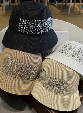 夏季出游海边遮阳帽子女防晒渔夫折叠太阳水钻草帽珠子小帽