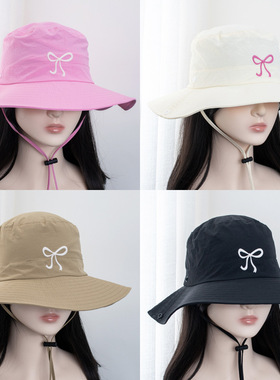 韩国可爱粉色蝴蝶结防风绳速干渔夫帽子女夏季户外露营登山