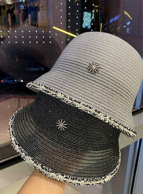 夏季女士遮阳帽海边防晒太阳帽子草帽镶钻闪亮沙滩帽银色