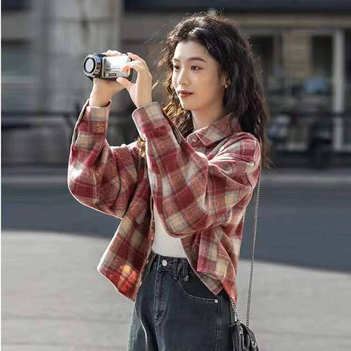 铂瑾精选女装秋春季新款女士复古磨毛宽松格子衬衫短长袖衬衣外a6