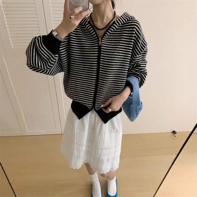 2025秋冬款慵懒风连帽拉链宽松大版毛衣外套条纹长袖针织开衫女装