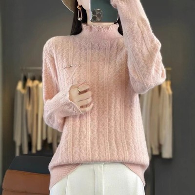秋冬季2025新款跨境木耳边针织上衣女装保暖毛衣半高领打底衫女