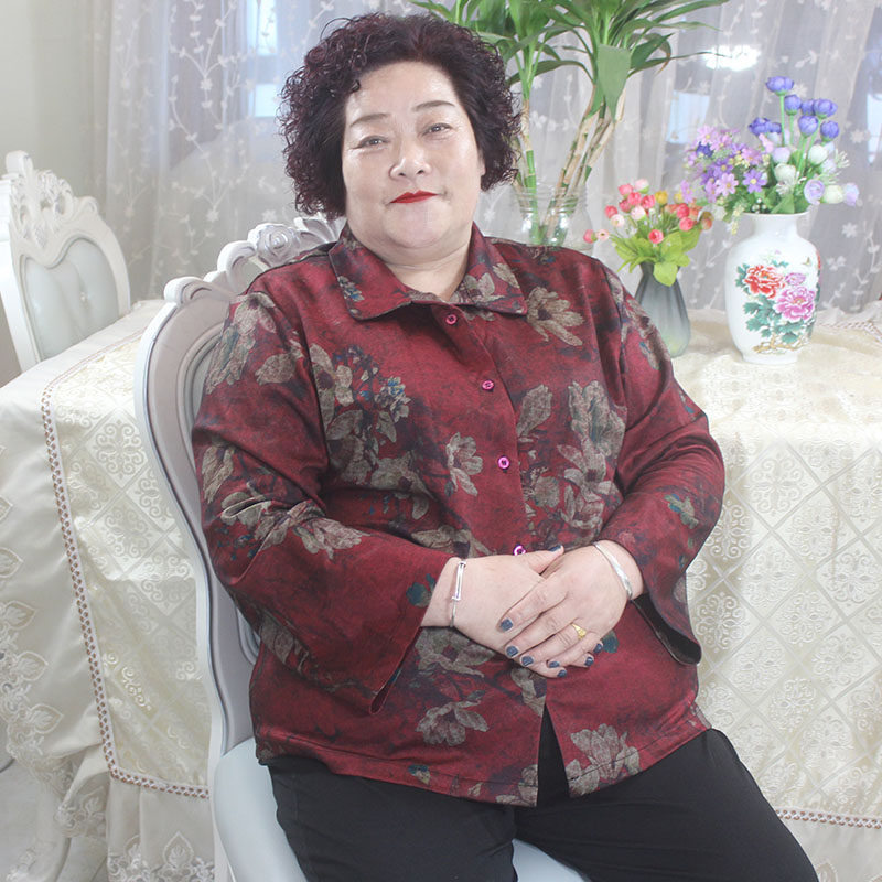 200斤大码春秋中老年女装长袖上衣 宽松胖妈妈衬衣奶奶装衬衫外套