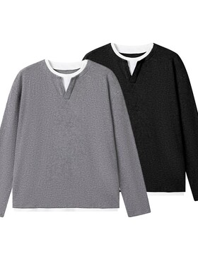 ANYWEARSTU 华夫格叠穿假两件V领长袖T恤男撞色慵懒感打底衫上衣
