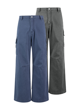 ANYWEAR定染水洗做旧重磅弯刀反向双褶口袋工装裤百搭直筒双色