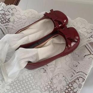 真皮圆头浅口平底鞋法式不累脚蝴蝶结单鞋红色婚鞋一脚蹬豆豆女鞋