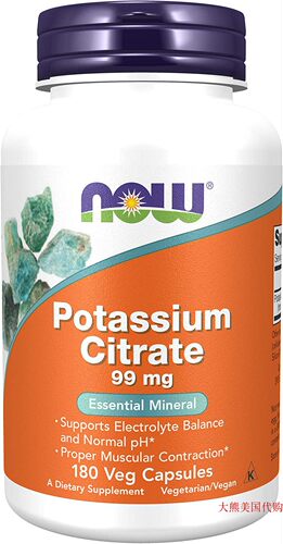 Now Foods Potassium Citrate 99 mg, 180 Capsules 柠檬酸钾