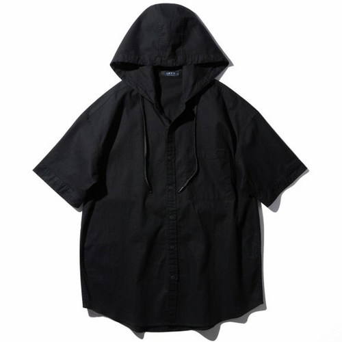 特大码加肥加大短袖亚麻连帽衬衫