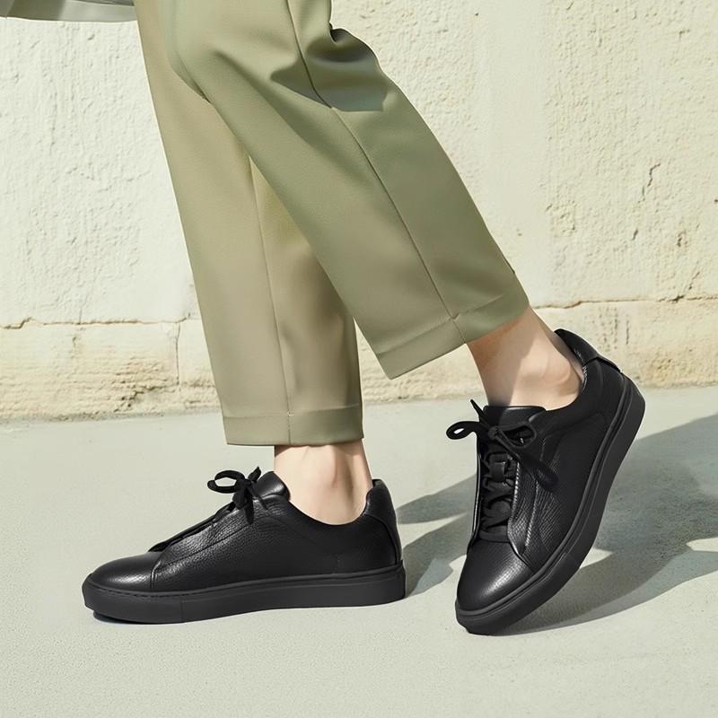弓长梦头层牛皮黑色休闲鞋2025春款舒适真皮板鞋商务正装男士皮鞋
