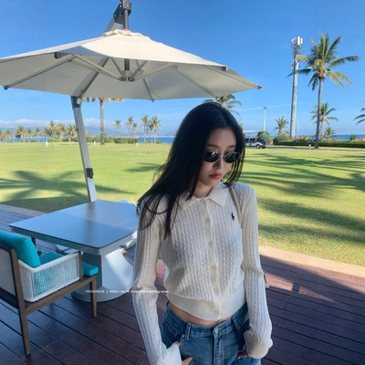 POLO领小马刺绣麻花开衫针织衫女