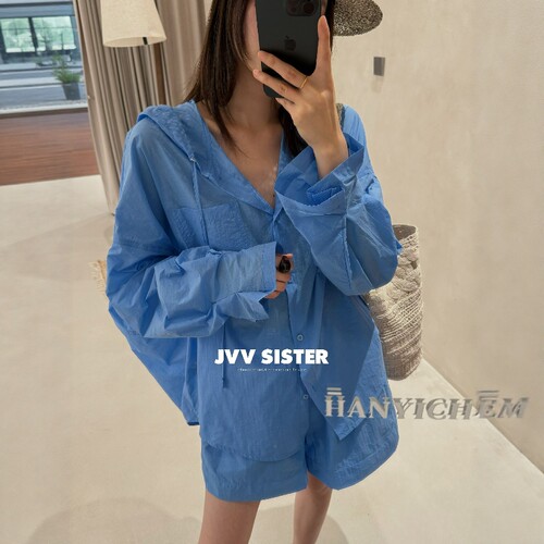 JVV老钱风连帽防晒衬衫短裤套装