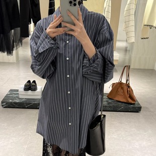百搭休闲上衣 摩登197韩版 女2025春秋新款 宽松条纹衬衫 1F22 中长款