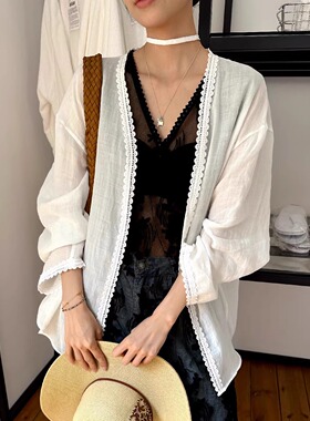 摩登197飘带款亚麻开衫外套女2025夏季新款V领花边防晒上衣1F362