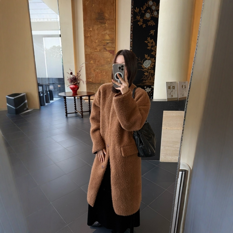 摩登197长款羊驼毛皮毛一体外套