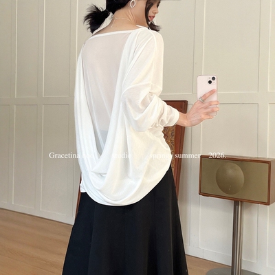 HOO天丝长袖后背荡褶防晒T恤女