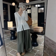 摩登197醋酸垫肩V领针织开衫女2025夏季新款宽松百搭防晒上衣3553