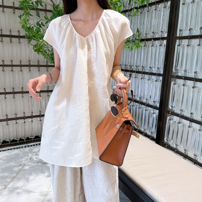 夏季苎麻后背系带泡泡袖显瘦衬衫