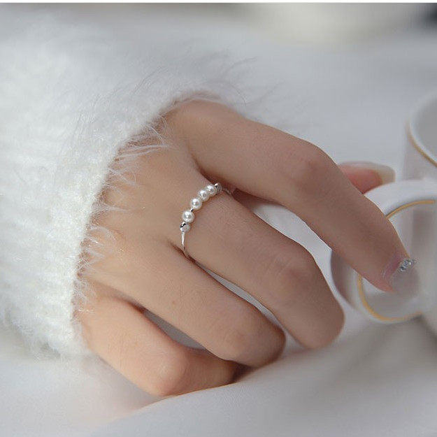 新款 s925纯银戒指女韩版清新光珠开口贝珠合成珍珠甜美手饰尾戒