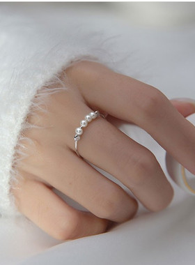 纯银韩版开口合成珍珠甜美风尾戒