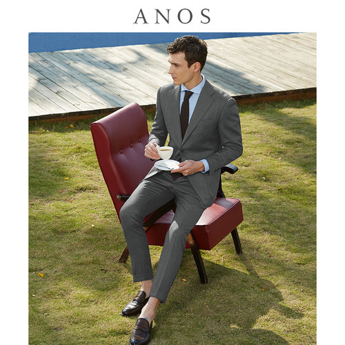 ANOS鱼骨纹灰色半麻衬西服套装男