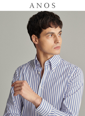 ANOS春秋美式钉扣领蓝白条纹衬衫 复古男士商务休闲修身长袖衬衣