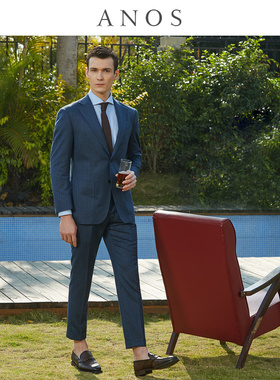 ANOS秋季鱼骨纹羊毛蓝色西服套装男半麻衬商务职业英伦风绅士西装