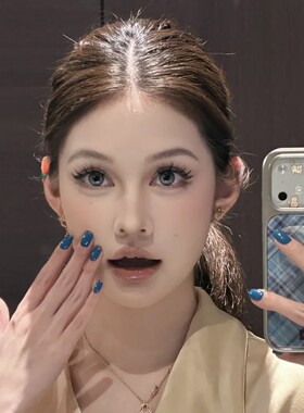 宝蓝色纯色穿戴美甲纯手工定制蓝色显白短款气质孕妇新娘指甲贴片