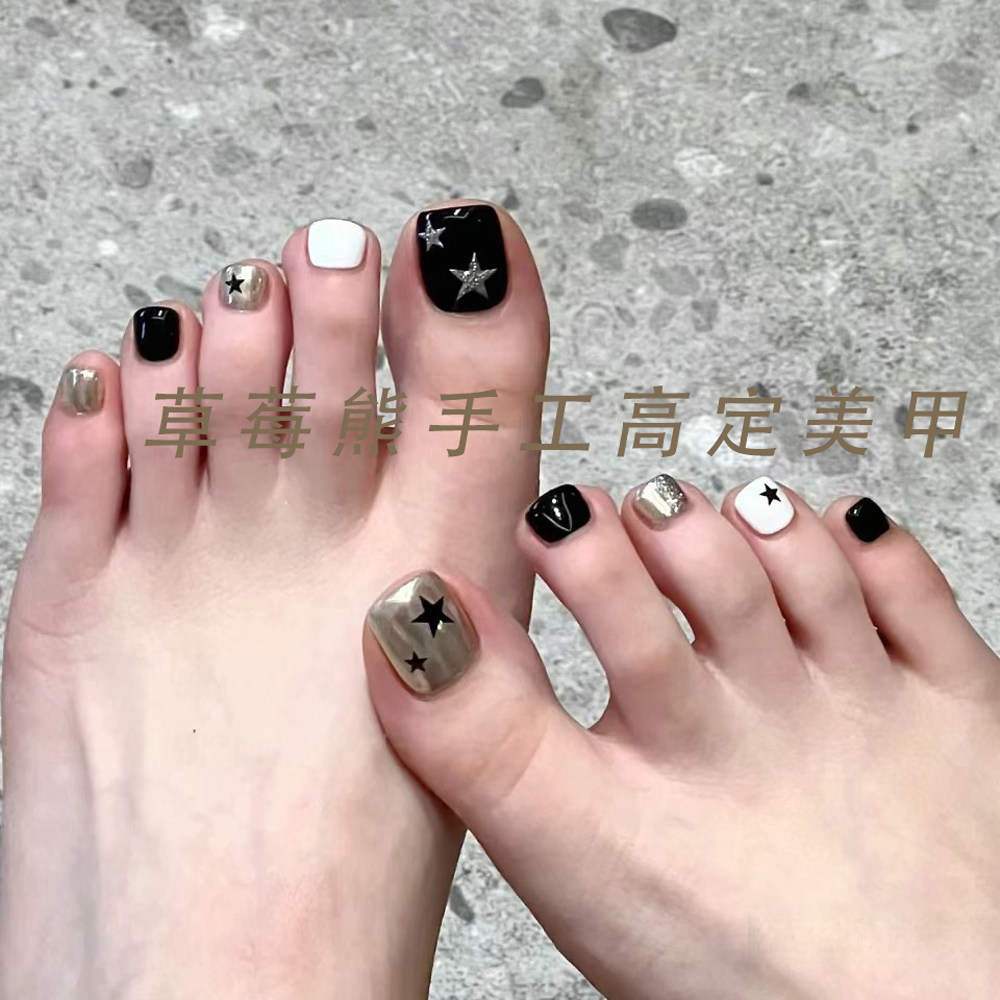 脚丫手工定制假指甲贴片成品金属波点脚指甲显白新娘孕妇穿戴美甲