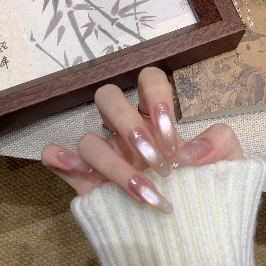 【冰冰茶】奶茶裸细闪猫眼手工穿戴甲定制美甲甲片指甲贴贴片