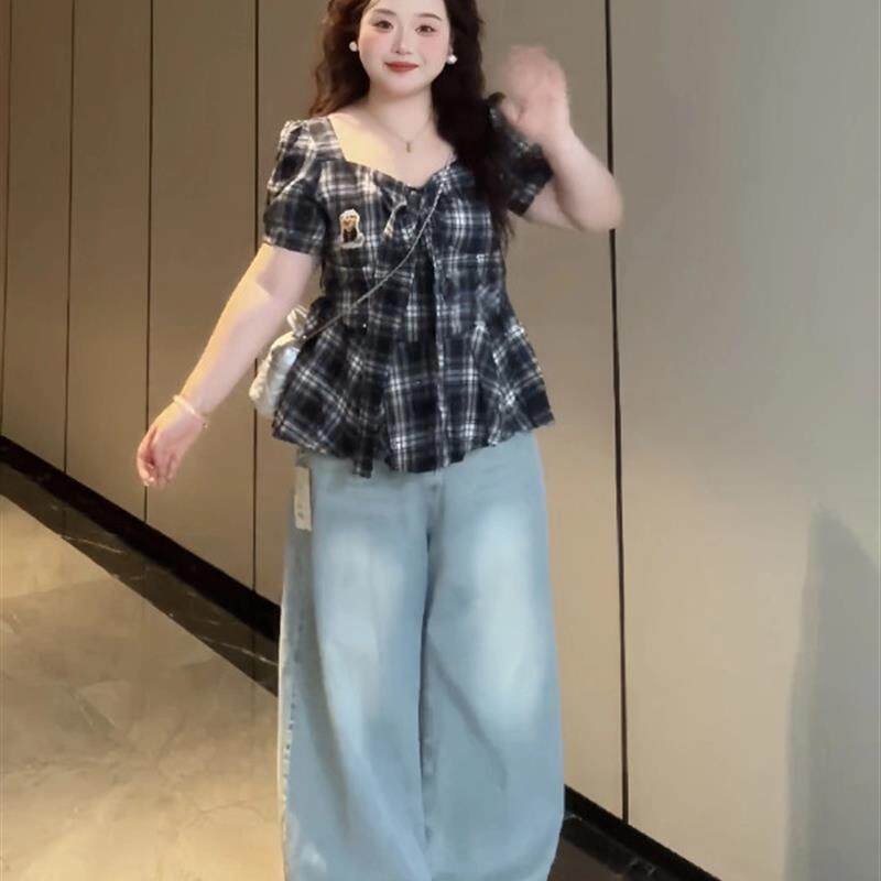 大码胖mm韩系覆古烫钻蝴蝶结格纹衬衫女夏季新款时尚洋气显瘦上衣