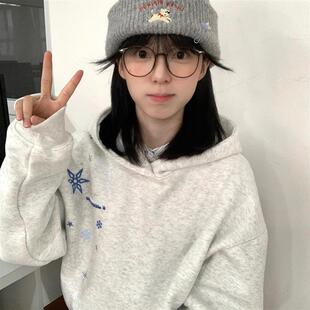 灰色雪花刺绣连帽卫衣女秋冬加绒加厚宽松学院风外套上衣 2025新款