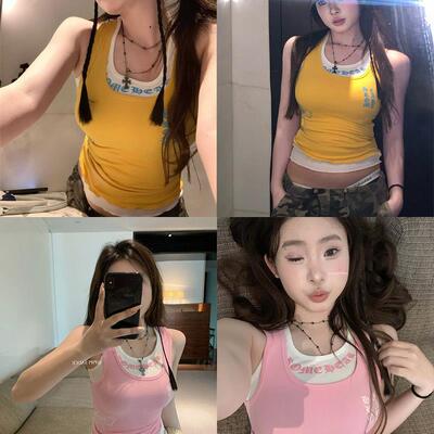粉色甜辣妹叠穿印花吊带背心女夏季新款修身显瘦内搭无袖外穿上衣