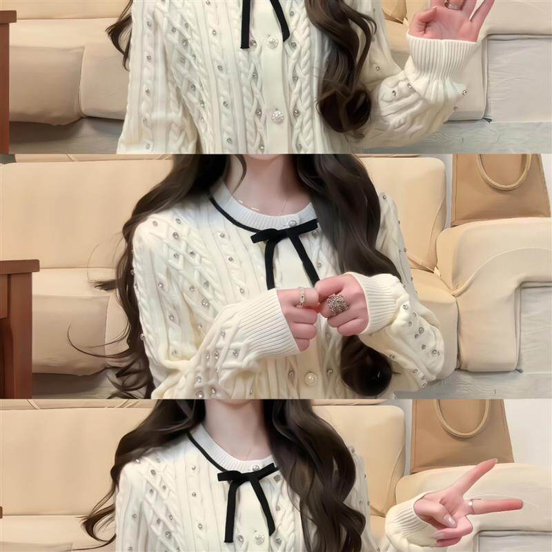 小香风烫钻蝴蝶结短款针织开衫绞花毛衣外套女冬季慵懒高级感上衣