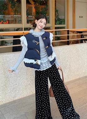 蕾丝拼接牛角扣棉服马甲木耳边打底衫波点长裤女2025夏季时尚套装