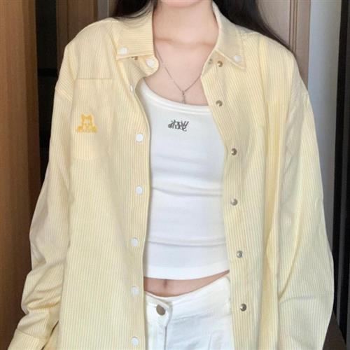 美式复古黄色条纹Polo领衬衫外套女开春宽松休闲长袖衬衣外搭上衣