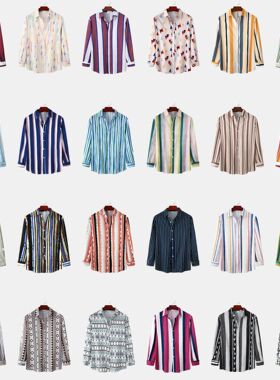 Men Long Sleeve Shirt Striped Cardigan Long Sleeve Shirt