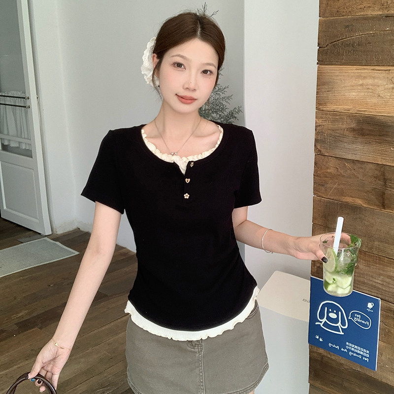 哺乳夏装外出大码假两件拼接木耳边短袖T恤辣妈款产后喂奶期上衣