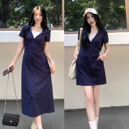 假两件连帽哺乳连衣裙夏季辣妈款外出产后大码收腰口袋喂奶A字裙