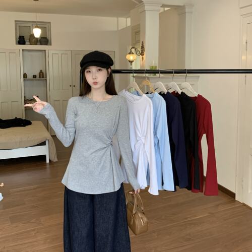 不规则褶皱哺乳上衣大码中长款圆领长袖t恤辣妈款外出喂奶打底衫