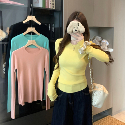 糖果色基础哺乳上衣秋季大码修身针织打底衫辣妈款外出喂奶期长袖