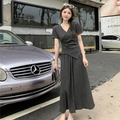 外出喂奶期两件套装 哺乳上衣半身裙辣妈款 夏交叉褶皱短袖 产后大码