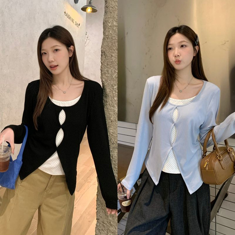 哺乳上衣秋季假两件波点长袖t恤产后辣妈款外出显瘦喂奶期打底衫