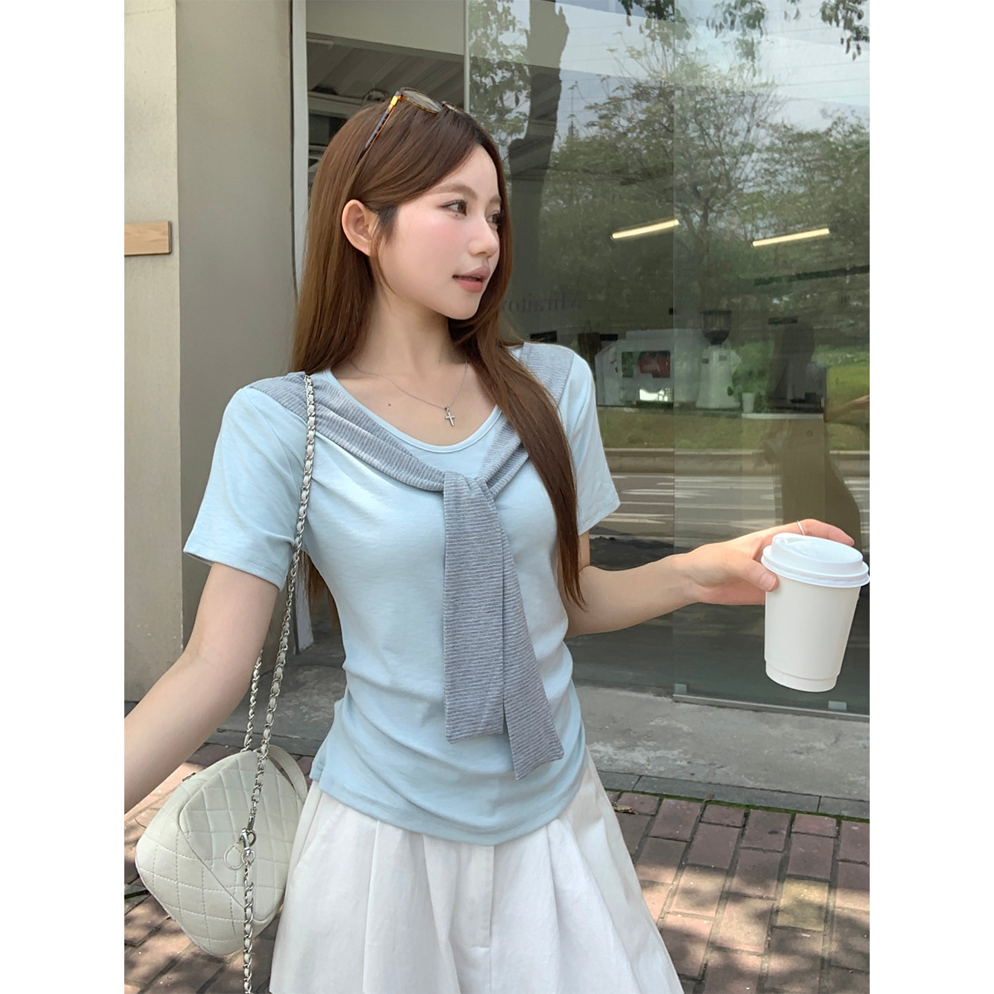 哺乳夏装外出假两件披肩系带短袖T恤产后辣妈款显瘦纯棉喂奶上衣