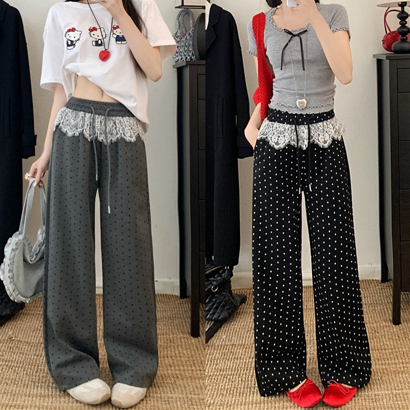 蕾丝拼接波点休闲裤产后辣妈款外出宽松显瘦大码梨形身材阔腿裤子