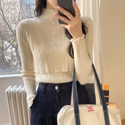 哺乳上衣珍珠立领亲肤上掀式毛衣